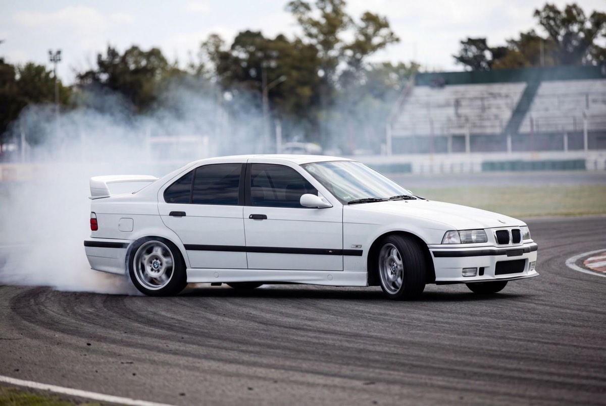 BMW E36 en un drift de costado con humo de cubiertas