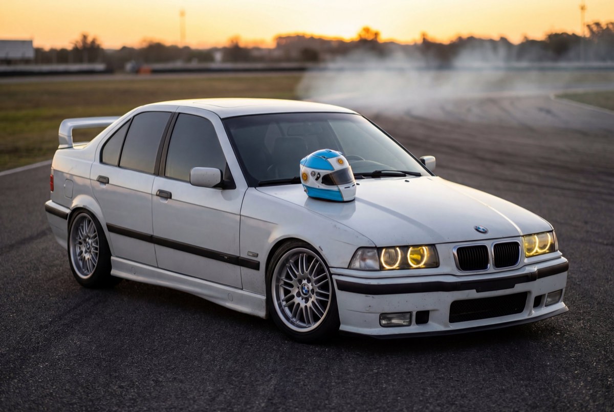 La BMW E36 de drift con un casco integral al atardecer